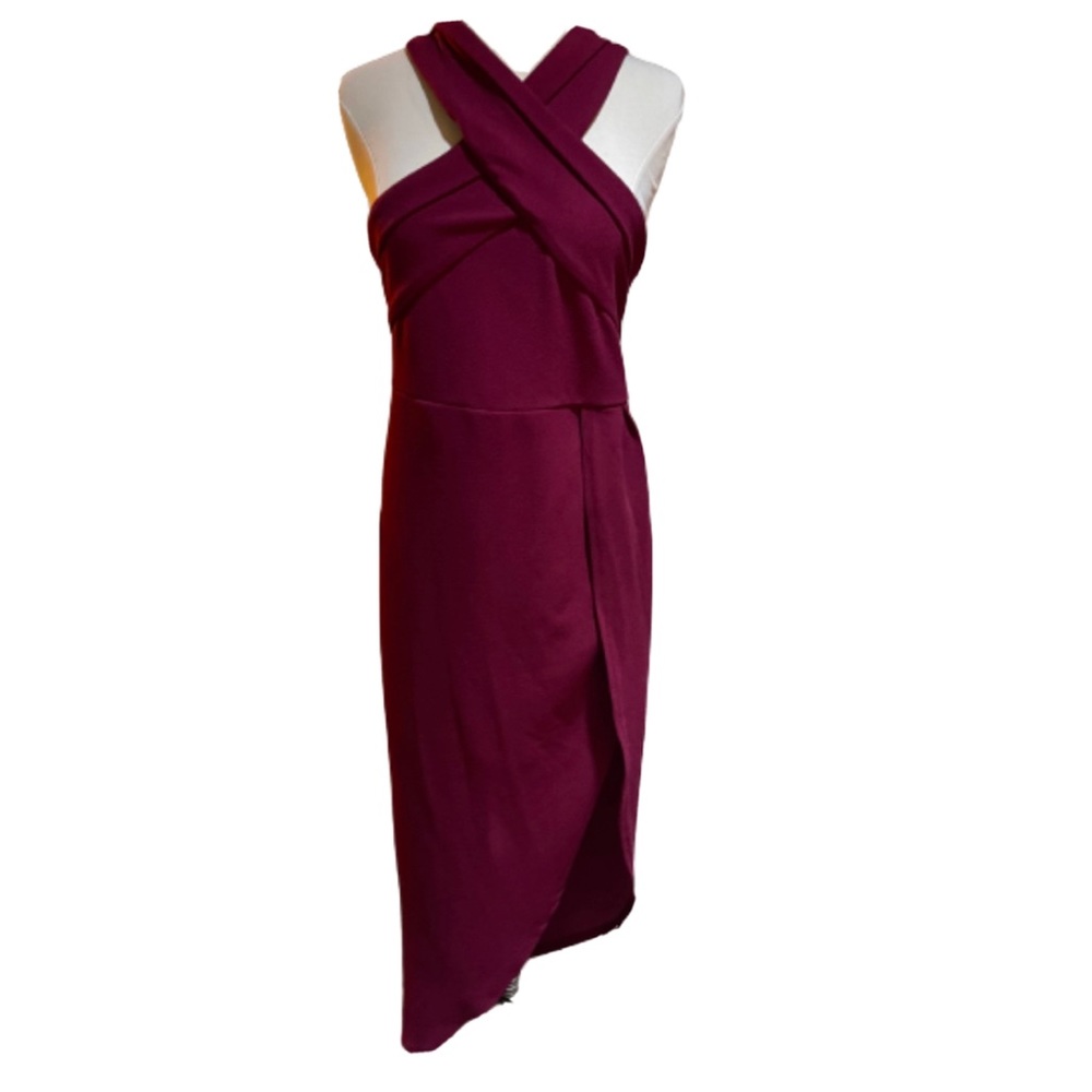 high low halter formal midi dress maroon Asymmetrical Ruched Draped size XL